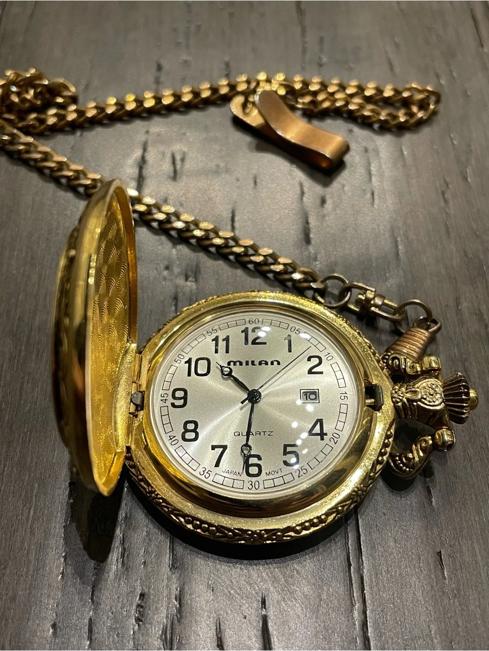 Milan Quartz Pocket Watch Hunter Eagle “DAD” Ornate Gold Tone w/ Chain